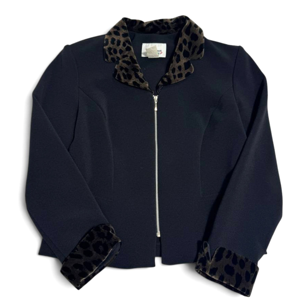 D.J. Simmons Women Black Blazer Jacket Leopard Trim Zip Front Stretch Size 8P